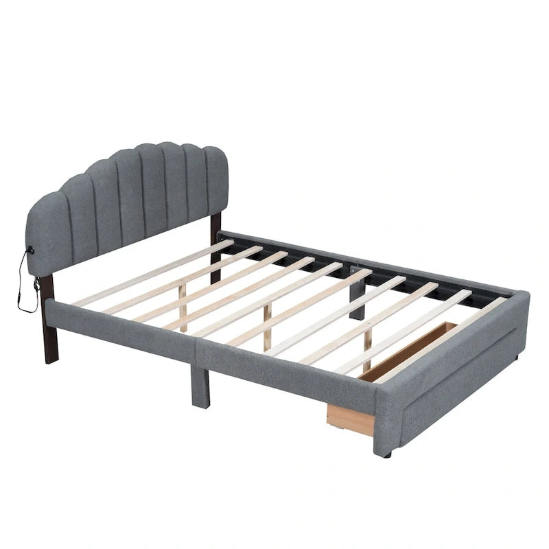 Queen Size Upholstered Platform Bed with Drawer