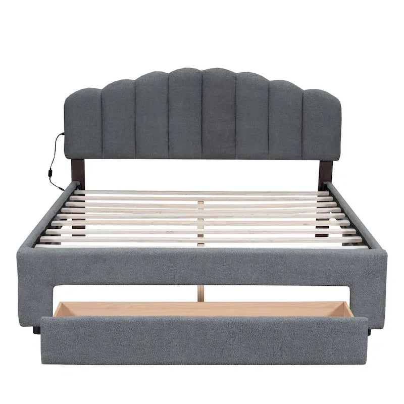 Queen Size Upholstered Platform Bed with Drawer