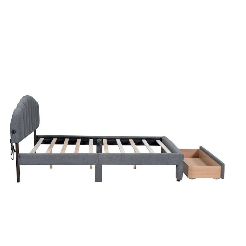 Queen Size Upholstered Platform Bed with Drawer