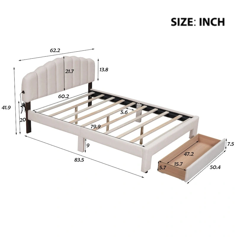 Queen Size Upholstered Platform Bed with Drawer