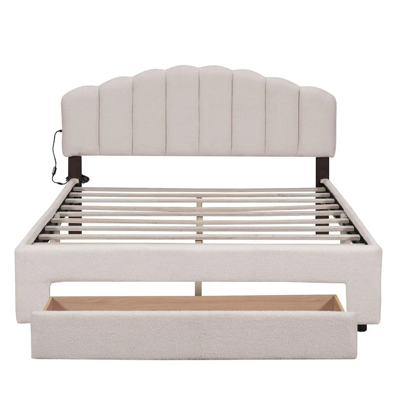 Queen Size Upholstered Platform Bed with Drawer