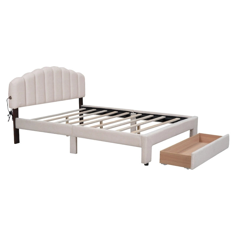 Queen Size Upholstered Platform Bed with Drawer
