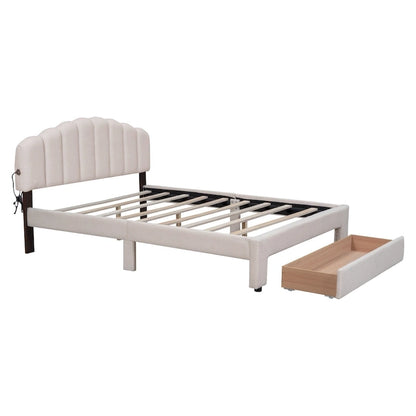 Queen Size Upholstered Platform Bed with Drawer