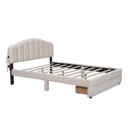 Queen Size Upholstered Platform Bed with Drawer