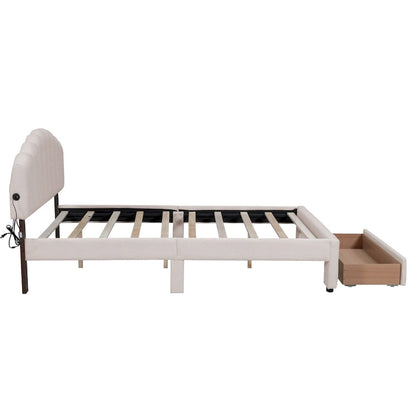 Queen Size Upholstered Platform Bed with Drawer
