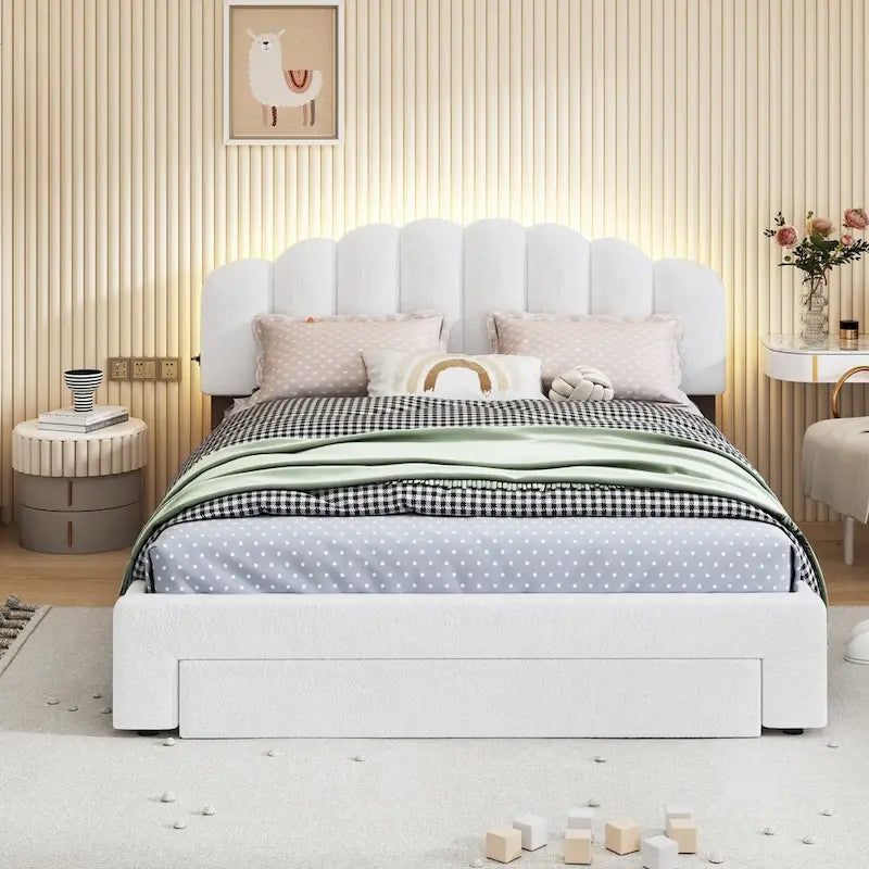 Queen Size Upholstered Platform Bed with Drawer