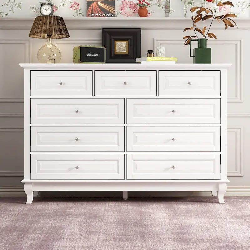 9-Drawer Dresser with Solid Wood Legs Chest Of Drawers Lacquer Console
