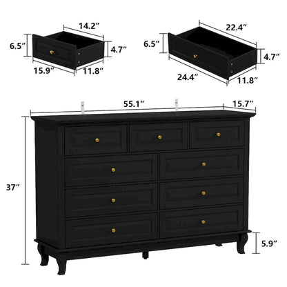 9-Drawer Dresser with Solid Wood Legs Chest Of Drawers Lacquer Console