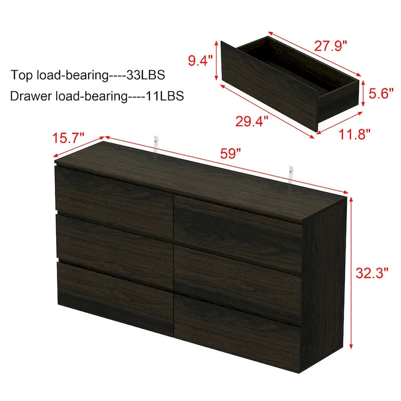 Premium 59-inch 6 Drawers White Floor Double Dresser by Kerrogee