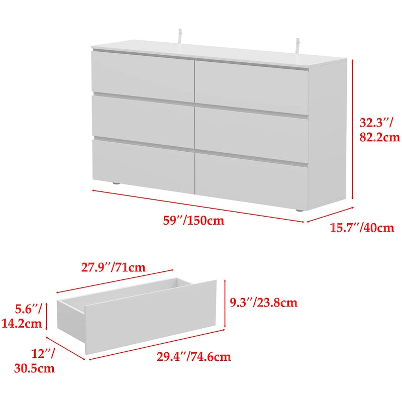 Premium 59-inch 6 Drawers White Floor Double Dresser by Kerrogee