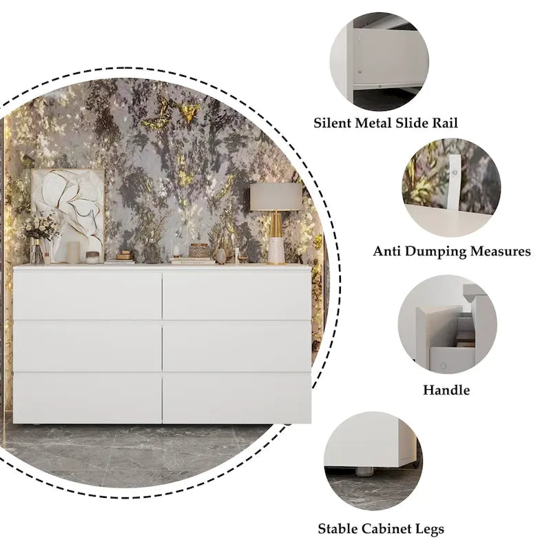 Premium 59-inch 6 Drawers White Floor Double Dresser by Kerrogee