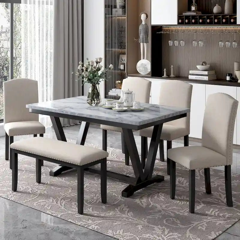 6PCS Marbled Veneers Tabletop Dining Table Set