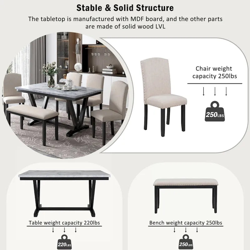 6PCS Marbled Veneers Tabletop Dining Table Set