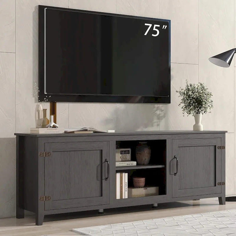 70 inch Modern TV Cabinet with Shelves, Media Entertainment Center with Doors-Black - M