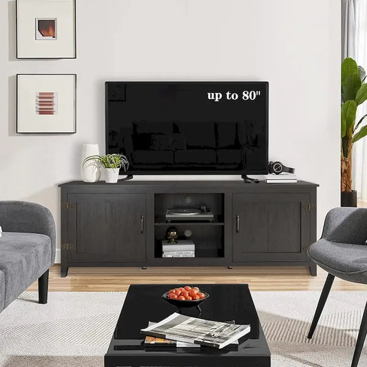 70 inch Modern TV Cabinet with Shelves, Media Entertainment Center with Doors-Black - M
