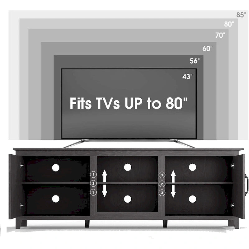 70 inch Modern TV Cabinet with Shelves, Media Entertainment Center with Doors-Black - M