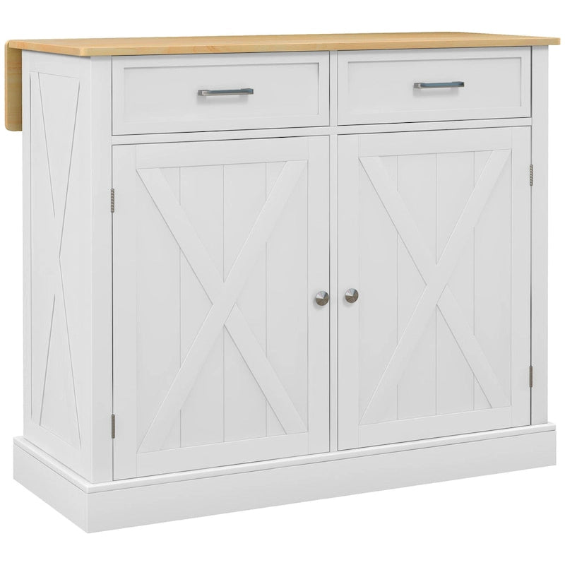 HOMCOM Rolling Kitchen Island with Drop Leaf Wood Breakfast Bar, Farmhouse Kitchen Cart with 2 Drawers, White