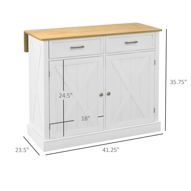HOMCOM Rolling Kitchen Island with Drop Leaf Wood Breakfast Bar, Farmhouse Kitchen Cart with 2 Drawers, White