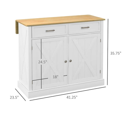 HOMCOM Rolling Kitchen Island with Drop Leaf Wood Breakfast Bar, Farmhouse Kitchen Cart with 2 Drawers, White