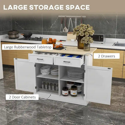 HOMCOM Rolling Kitchen Island with Drop Leaf Wood Breakfast Bar, Farmhouse Kitchen Cart with 2 Drawers, White