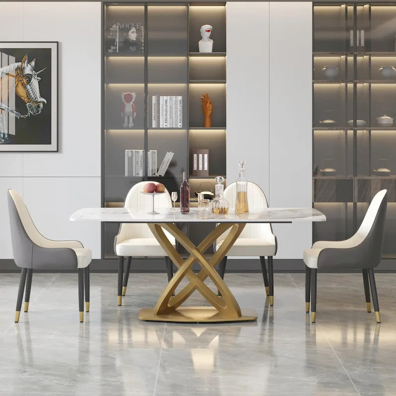 71 Modern Dining Table with Rectangular Sintered Stone Tabletop and Gold Base