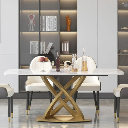 71 Modern Dining Table with Rectangular Sintered Stone Tabletop and Gold Base