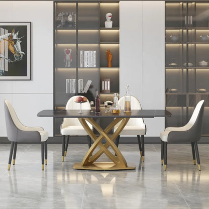 71 Modern Dining Table with Rectangular Sintered Stone Tabletop and Gold Base