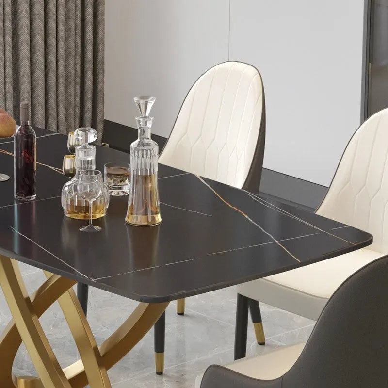 71 Modern Dining Table with Rectangular Sintered Stone Tabletop and Gold Base