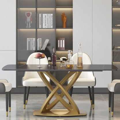 71 Modern Dining Table with Rectangular Sintered Stone Tabletop and Gold Base
