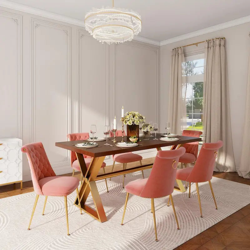 7-Piece Clihome Walut Wood Dining Table with Velvet Chair Dining Chair