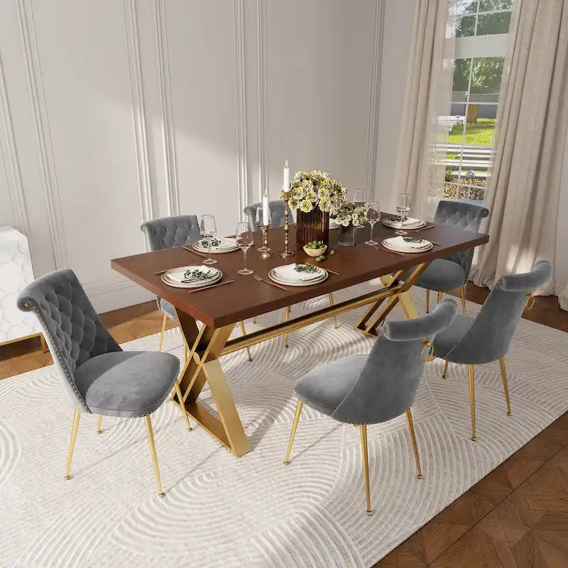 7-Piece Clihome Walut Wood Dining Table with Velvet Chair Dining Chair