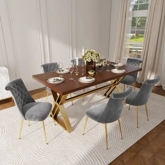 7-Piece Clihome Walut Wood Dining Table with Velvet Chair Dining Chair