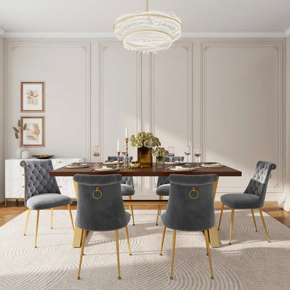 7-Piece Clihome Walut Wood Dining Table with Velvet Chair Dining Chair