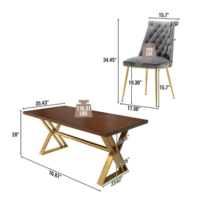 7-Piece Clihome Walut Wood Dining Table with Velvet Chair Dining Chair