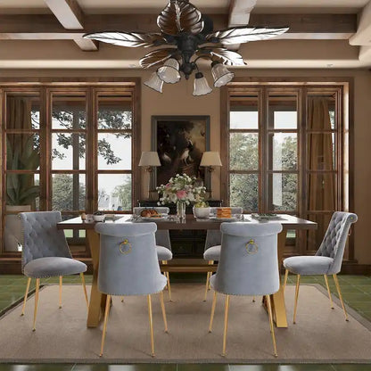 7-Piece Clihome Walut Wood Dining Table with Velvet Chair Dining Chair