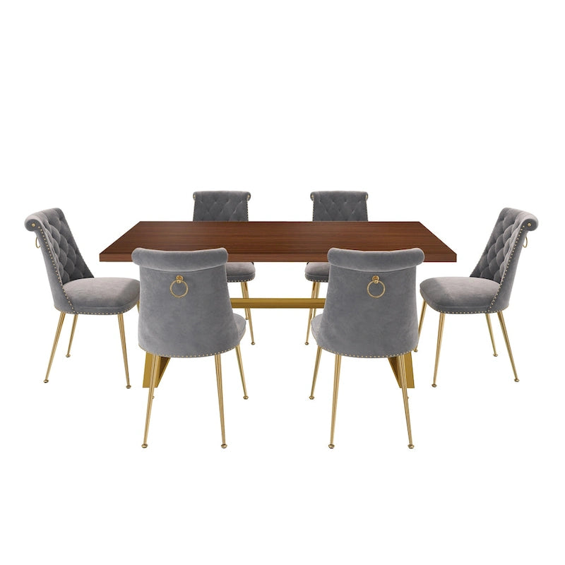 7-Piece Clihome Walut Wood Dining Table with Velvet Chair Dining Chair