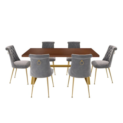 7-Piece Clihome Walut Wood Dining Table with Velvet Chair Dining Chair