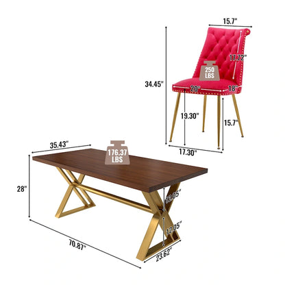 7-Piece Clihome Walut Wood Dining Table with Velvet Chair Dining Chair