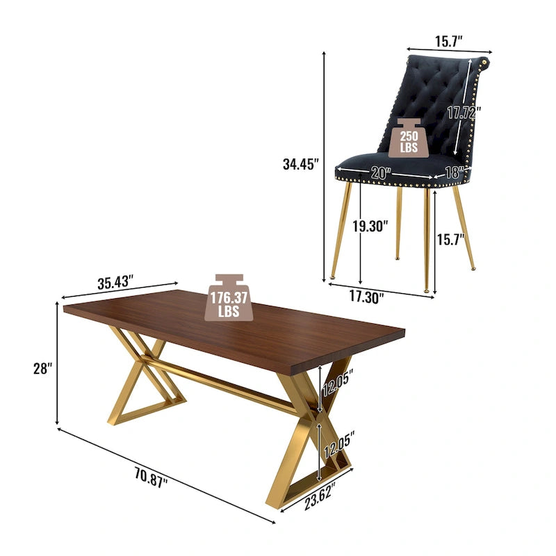 7-Piece Clihome Walut Wood Dining Table with Velvet Chair Dining Chair