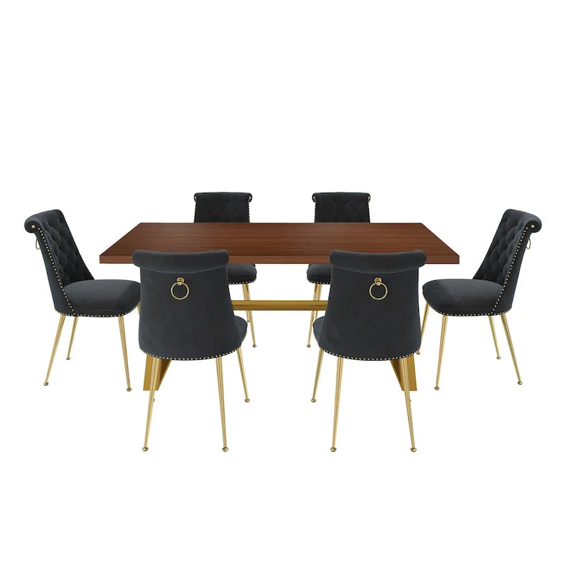 7-Piece Clihome Walut Wood Dining Table with Velvet Chair Dining Chair