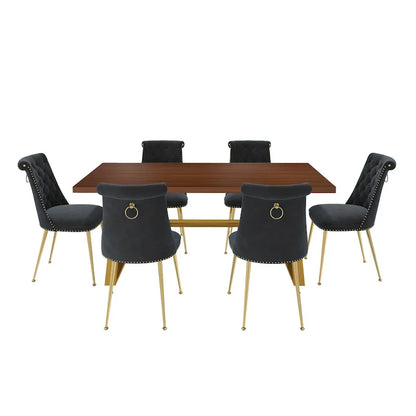 7-Piece Clihome Walut Wood Dining Table with Velvet Chair Dining Chair