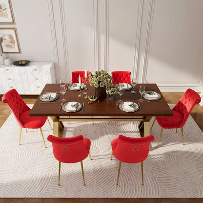 7-Piece Clihome Walut Wood Dining Table with Velvet Chair Dining Chair