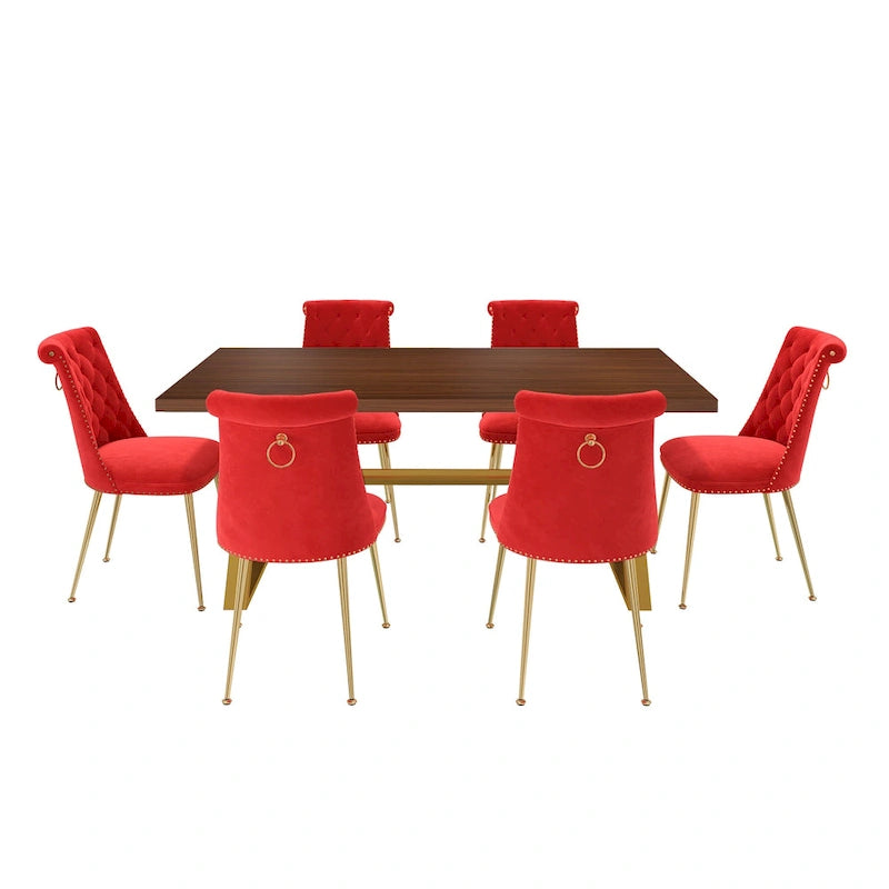 7-Piece Clihome Walut Wood Dining Table with Velvet Chair Dining Chair