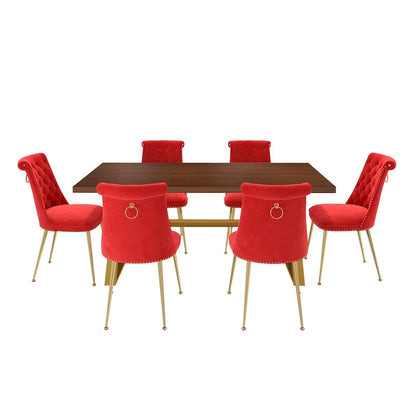 7-Piece Clihome Walut Wood Dining Table with Velvet Chair Dining Chair
