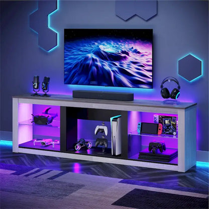 70-Inch LED TV Stand with Tempered Glass Shelves and Open Cabinet - 71 in