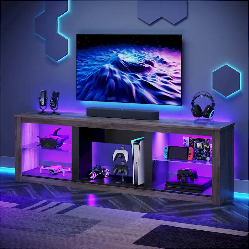 70-Inch LED TV Stand with Tempered Glass Shelves and Open Cabinet - 71 in