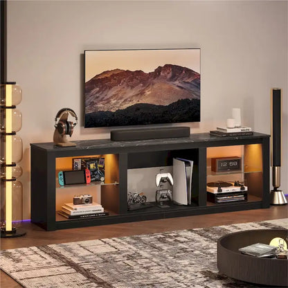 70-Inch LED TV Stand with Tempered Glass Shelves and Open Cabinet - 71 in