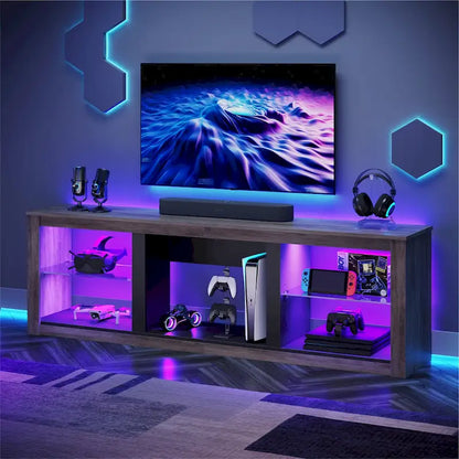 70-Inch LED TV Stand with Tempered Glass Shelves and Open Cabinet - 71 in