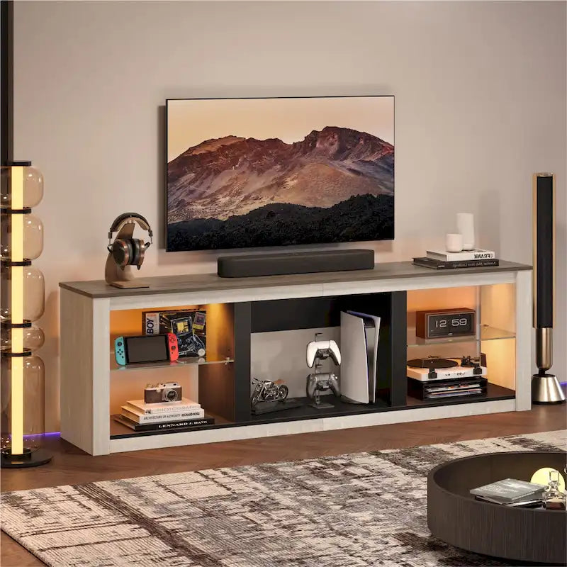 70-Inch LED TV Stand with Tempered Glass Shelves and Open Cabinet - 71 in