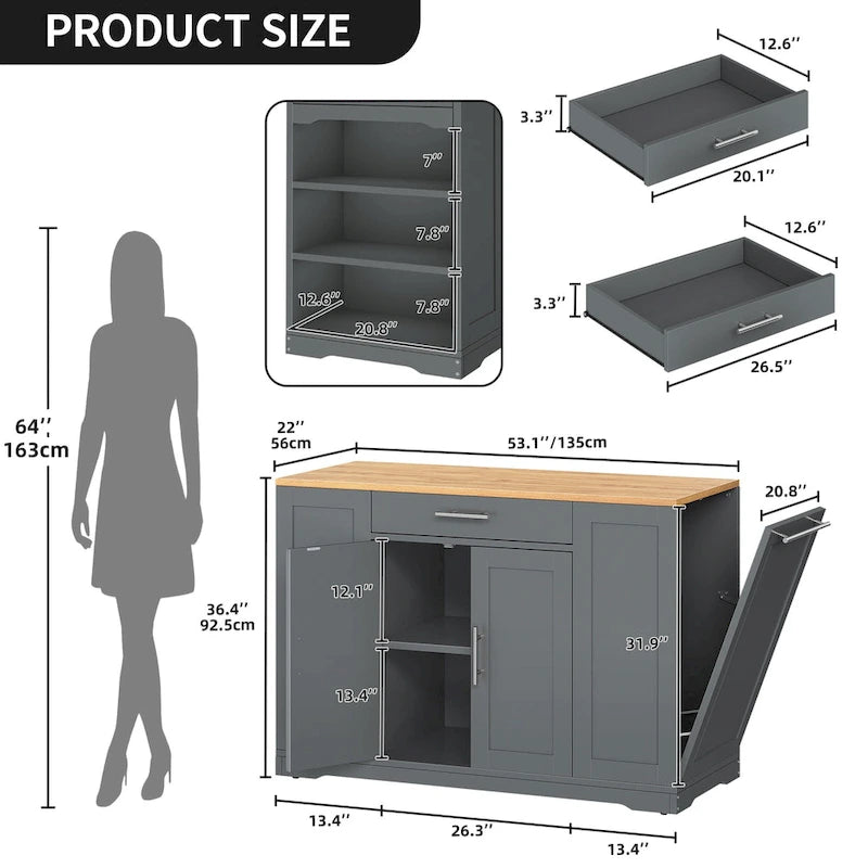 Moasis 53-inch Rolling Kitchen Island Storage Cabinet Portable Mobile Kitchen Cart